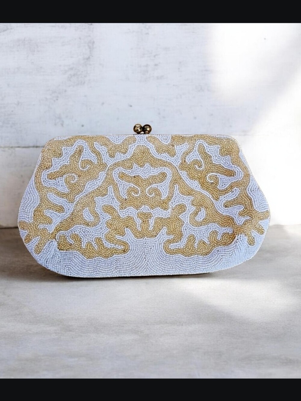 NEIMAN MARCUS Made in Belgium w/Original Mirror White Beaded Gold Beaded Clutch